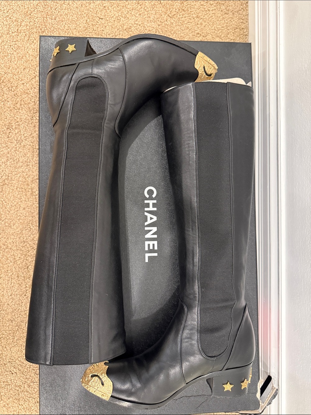 Chanel Runway Black Leather Knee High Boots Gold CC Cap Toe Western Hardware 37 - Picture 9 of 13